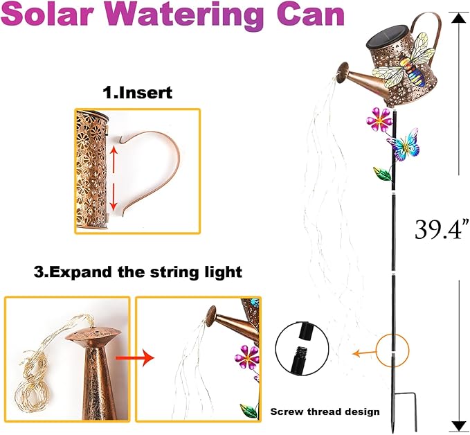 Solar Watering Can with Lights Outdoor Garden, 41in Large Bee Garden Stake Lights, Waterproof Decoration for Yard Lawn Pathway, Gifts for Mom Grandma Women Birthday Gardening Gift