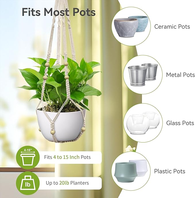 USLAI Macrame Plant Hanger Indoor Outdoor, Fits 4 to 15 Inch Pots, Strong Hanging Planter Holder, Boho Home Decor, 23+29+35 Inch, Ivory (POTS NOT Included)