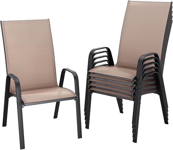 JEAREY Patio Dining Chairs Set of 6, Outdoor Stackable Dining Furniture Set, All Weather Dining Set for Lawn, Garden, Backyard, Poolside, Brown