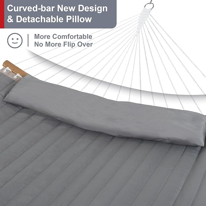 Outdoor Hammock with Stand Included, Heavy Duty Hammock with Curved Spreader Bar, Pillow and Portable Bag, 450 Lbs Capacity, Grey