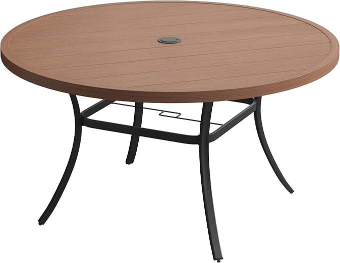 VICLLAX 50" Outdoor Round Patio Table with Umbrella Hole, All Weather Metal Round Outdoor Dining Table for Lawn Garden, 6-8 Person Table, Walnut Wood Grain