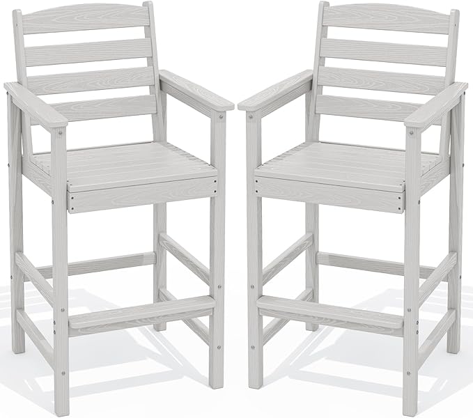 SERWALL Tall Adirondack Chairs Set of 2, Oversize Balcony Adirondack Chairs Set, Outdoor Bar Height Barstools Widened Chair Set for Bistro, Poolside, Garden, White