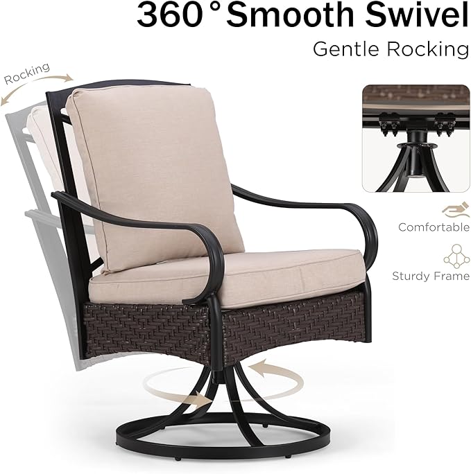 PHI VILLA 5-Piece Outdoor Dining Sets, All-Weather Patio Table and Chairs Set for 4, Heavy Duty Patio Table Set Square for Deck, 4 Extra Large Outdoor Metal Wicker Dining Chairs with Thick Cushions