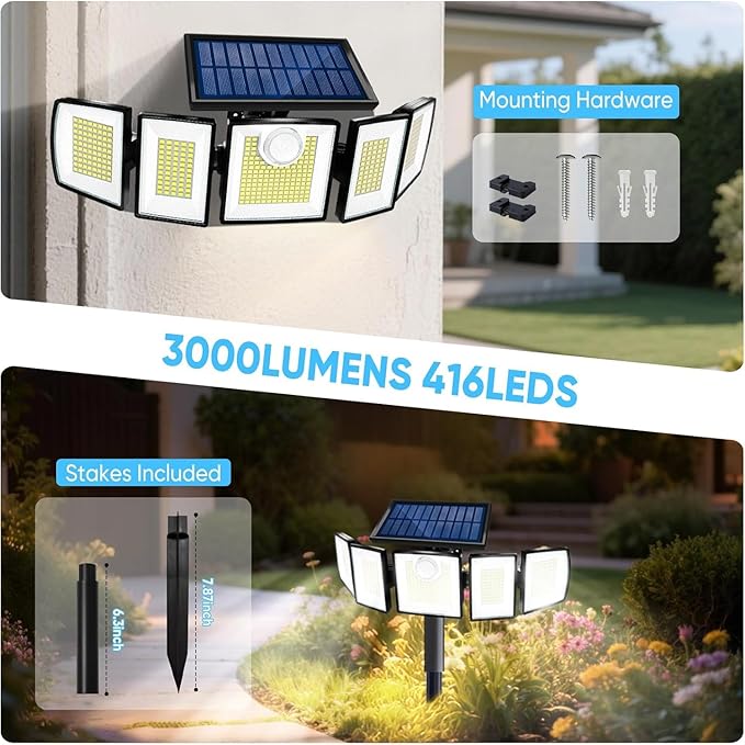 Solar Lights Outdoor Waterproof Motion Sensor - 416 LEDs 3000 Lumens Super Bright 3 Brightness 3 Modes 2400mAh 360° Illumination 32ft Solar Flood Security Light for Outside (Cottage, 3)