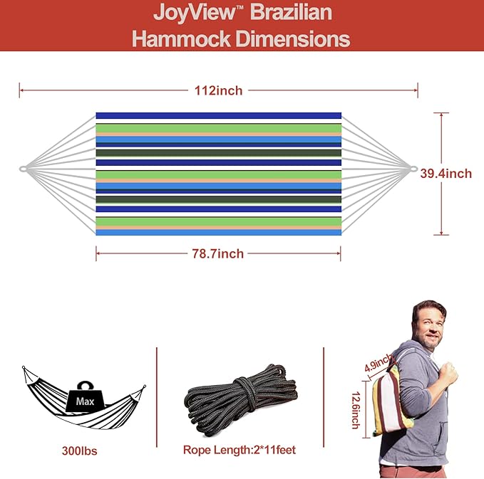 JoyView Brazilian Hammock for Single Person Portable Hammock with Hanging Ropes & Carry Bag Large 78.8x39.4” for Patio 300LBS Capacity Perfect for Outdoor/Indoor - Blue & Green Stripes