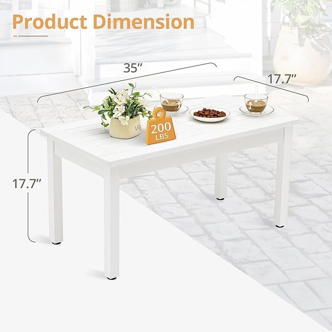 LUE BONA Outdoor Coffee Table Rectangle, HDPS Patio Coffee Tables for Outside, All Weather Patio Coffee Table with Slatted Tabletop for Deck, Garden, Balcony, Indoor or Outdoor Use, White