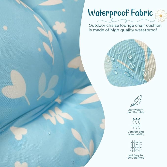 Outdoor Chaise Lounge Chair Cushion 75.1 x 22.8 x 4.7 Inches 100% Waterproof Replacement Cotton Patio Pool Lounge Chair Cushion for Outdoor Furniture with Ties, Blue Butterfly