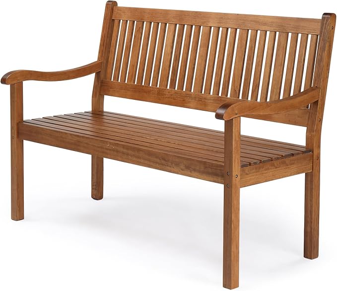 VINGLI 50" Outdoor Wood Bench, Weatehr Resistant Wooden Garden Patio Bench with Comfortable Backrest & Curved Armrest, 800lb Capacity Loveseat for Front Porch Park Yard Deck (Natural, Dense Slatted)