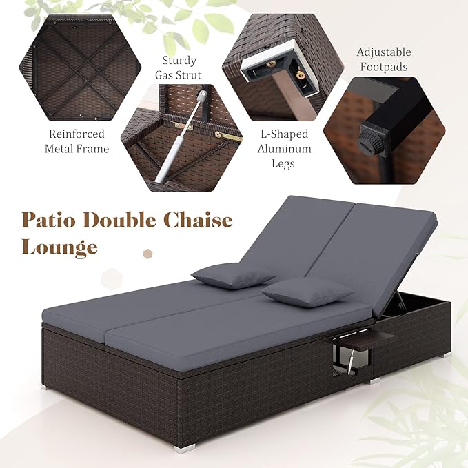 Tangkula Outdoor Rattan Daybed with 6-Level Adjustable Backrests, 2-Person Adjustable Wicker Recliner Bed with Cushions & Folding Side Trays, Double Sunbed Lounger for Balcony, Backyard & Poolside