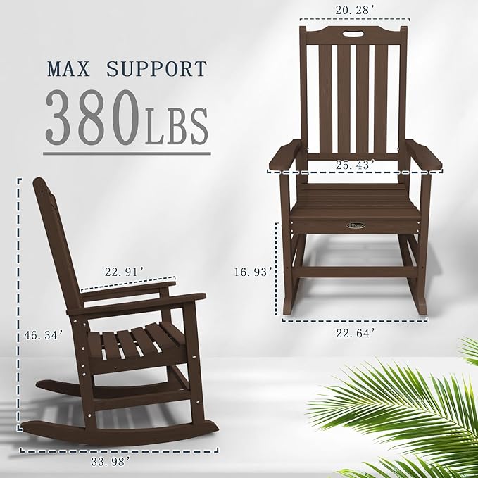 Oversized Rocking Chair Set of 4, Outdoor Rocking Chair for Adults, All Weather Resistant Porch Rocker for Lawn Garden, Brown