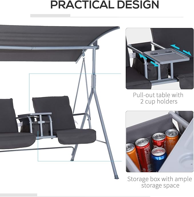 Outsunny 2 Person Porch Swing with Stand, Outdoor Swing with Canopy, Pivot Storage Table, 2 Cup Holders, Cushions for Patio, Backyard, Gray