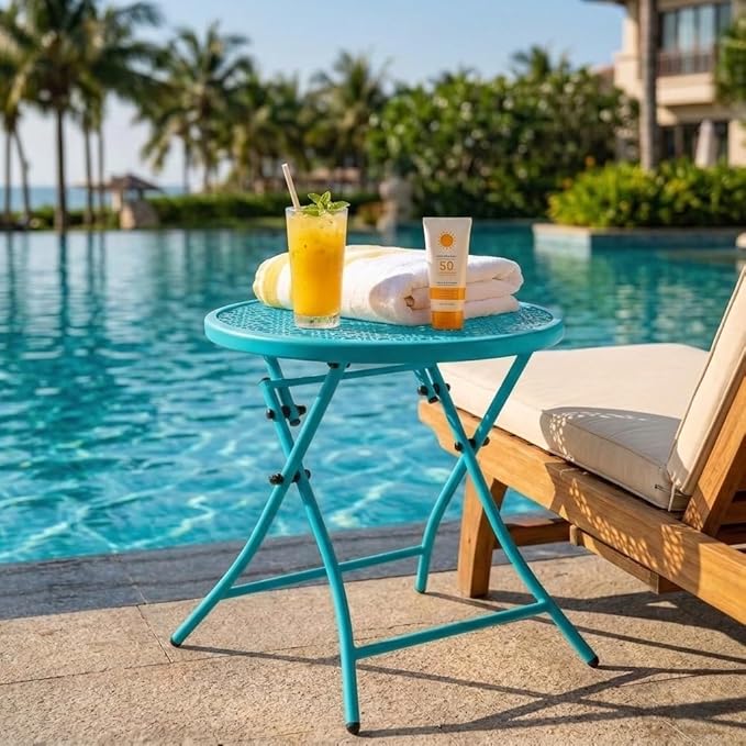 TeoKJ Folding Outdoor Side Tables, Anti Rust Small Patio Table Round Metal Nightstand with Flower Cutouts for Porch Yard Balcony Deck Lawn, Blue