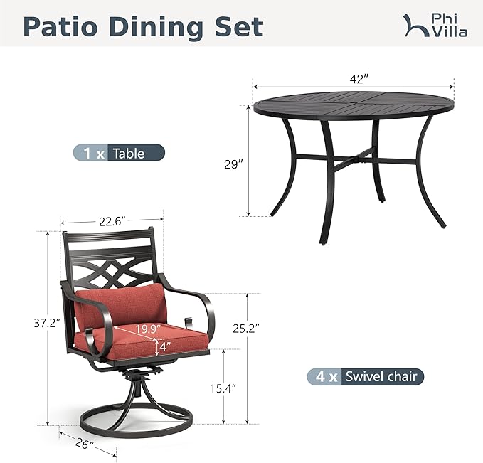 PHI VILLA 5 Pieces Outdoor Dining Set for 4, 42" Round Black Metal Table with Umbrella Hole & Wrought Iron Swivel Chairs, Large Outside Furniture with Red Cushions & Pillows for Patio, Deck, Porch