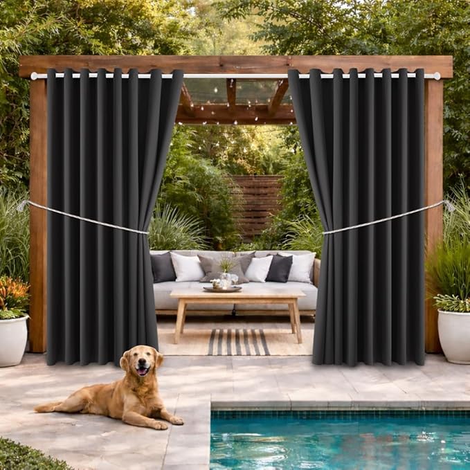 Waterproof Outdoor Curtain W105 x L108 - Grommet Top Sunlight Blocking Window Treatment Drapes Blackout Curtains for Home Bedroom Living Room Outdoor Patio Porch Pergola, Dark Gray, 2 Panels