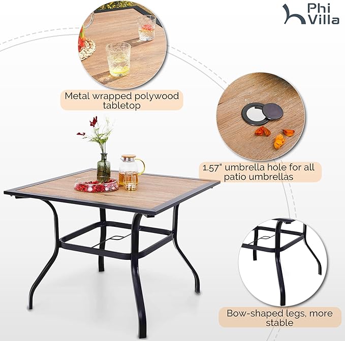 PHI VILLA 5 Piece Outdoor Dining Set for 4, 37" Square Metal Table with Polywood Top & Stacking Wrought Iron Chairs, Outside Furniture for Patio, Deck, Yard, Porch