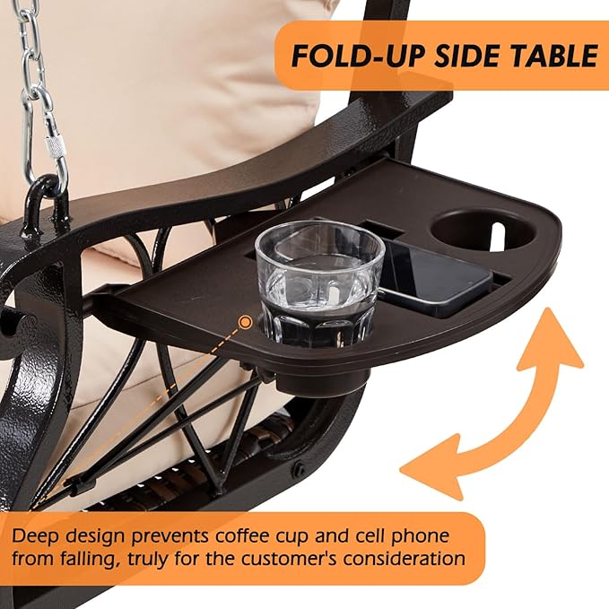 3-Person Wicker Porch Swing Chair Heavy Duty 900 LBS Outdoor Rattan Patio Swing Chair w/Cup-Holder & Steel Chains Hanging Bench Porch Swing Cushions for Deck & Backyard & Garden