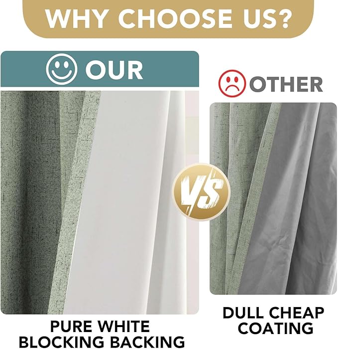 H.VERSAILTEX Primitive Linen Curtains 100% Blackout Curtain Drapes Burlap Fabric Curtains with White Thermal Insulated Liner, Grommet Top Drapes Living Room/Bedroom (2 Panels, 42 x 63 Inch, Sage)