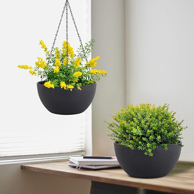 10 inch Hanging Planters for Indoor Outdoor Plants, 2 Pack Hanging Flower Pots with Drainage Holes and Chain for Garden Porch, Round Plastic Hanging Baskets for House Plants, Black