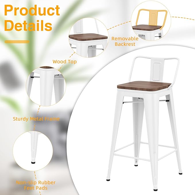 Yongchuang 30 inch Metal Bar Stools Set of 4 Bar Height Barstools with Wood Seat Low Back Kitchen Bar Chairs Cream White