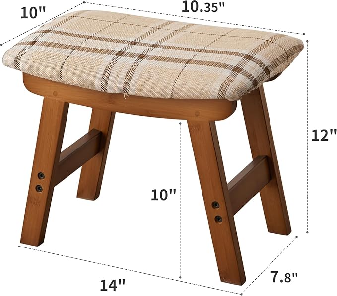 Foot Stool,Ottoman,Bamboo Small Sofa Foot Rest Under Desk,Extra Seating for Living Room, Bedroom and Kitchen (Brown Stool Legs - Stripes Surface)