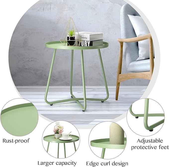 danpinera Outdoor Side Tables, Weather Resistant Steel Patio Side Table, Small Round Outdoor End Table Metal Side Table for Patio Yard Balcony Garden Bedside Green, Set of 2