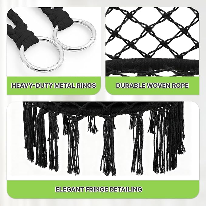 Magshion Hanging Hammock Chair with Cozy Full Cushion Offer Extra Support, Backyard Hanging Macrame Swing Chair for Porch, 350 Lbs Capacity, Comfortable Hammock for Relaxation and Enjoyment (Black)