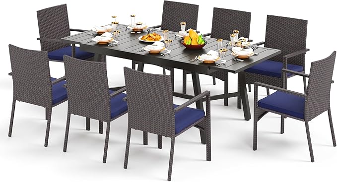 PHI VILLA 9 Piece Outdoor Dining Set for 8, Expandable Rectangular Metal Dining Table & Rattan Wicker Chairs with Cushions, Large Dining Furniture Set for Patio, Deck, Yard
