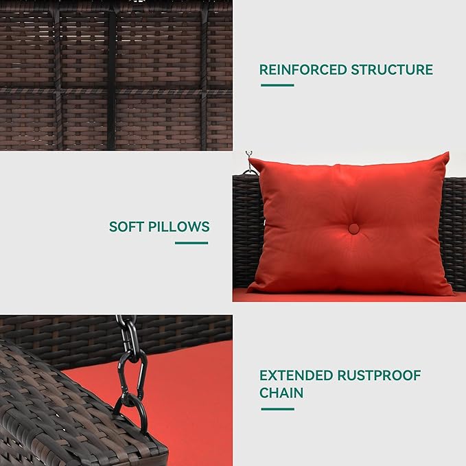 YITAHOME Wicker Hanging Porch Swing Chair Outdoor Brown Rattan Patio Swing Lounge w/ 2 Back Cushions Capacity 530lbs for Garden, Balcony, Living Room, Red