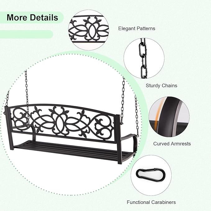 Giantex Patio Metal Porch Swing, 2-Person Hanging Porch Swing Bench with Sturdy Chains & Retro Pattern Backrest, 485 Lbs Weight Capacity Loveseat for Garden, Yard, Front, Outdoor Swing Chairs (Brown)