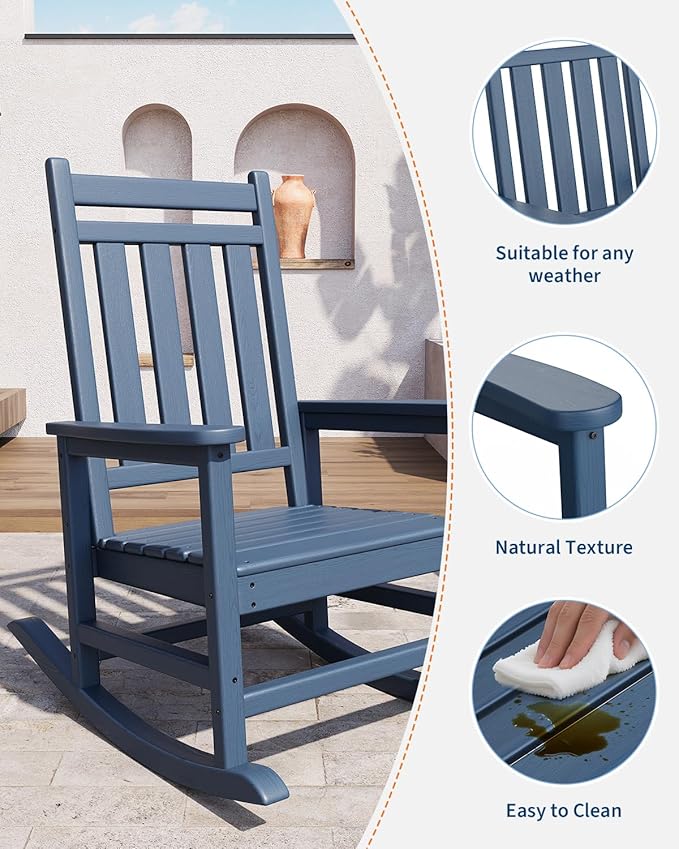 GarveeLife Poly Lumber Rocking Chair Outdoor Set of 4 - HDPE High Back Porch Rocker Chairs for Adults - All Weather Resistant Furniture for Patio - Navy Blue