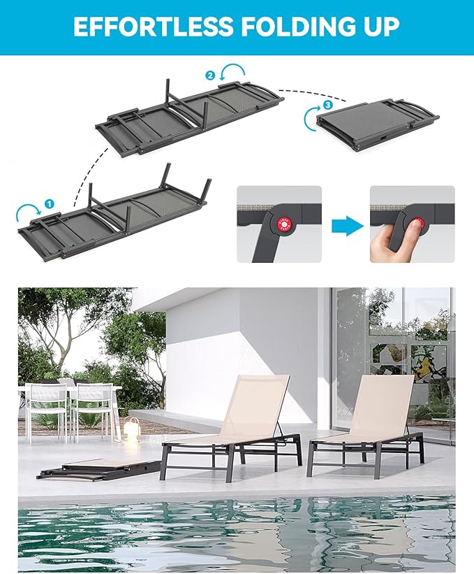 Aluminum Chaise Lounge Chair Outdoor, Foldable Patio Lounge Chair Assemble-Free, Pool Lounge Chairs with 5 Adjustable Backrest, Outdoor Lounge Chairs for Outside Poolside Beach Lawn Beige
