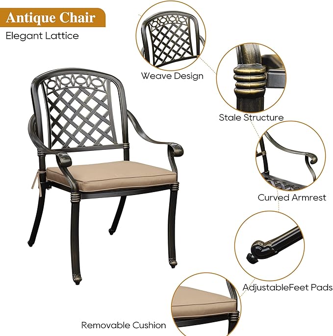 5-Piece Cast Aluminum Outdoor Patio Dining Set, All Weather Cast Aluminum Outdoor Furniture Dining Set for Patio, Balcony, Lawn, Garden, Backyard w/4 Chairs and Cushions, 2.0" Umbrella Hole