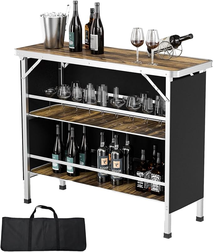 VINGLI 43" Portable Bar Table with Pole, 3-Tier Shelves, Mobile Bar Table for Events, Party, Camping, Picnic, Tradeshow, Indoor with Black Skirt