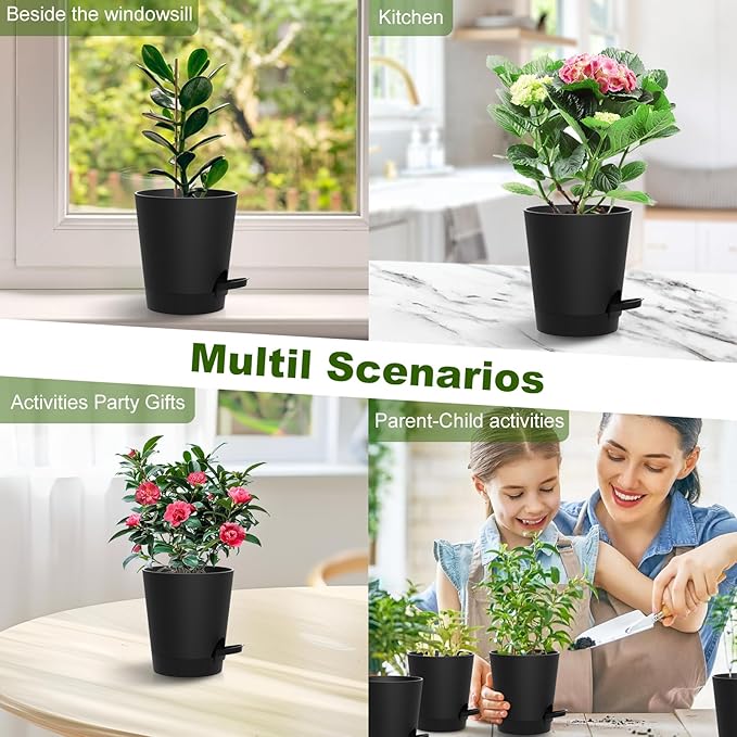 Self Watering Pots, 4 inch Flower Pots with Multi Mesh Drainage Holes, Small Platic Planters for Indoor Outdoor Garden Plants and Flowers (Black, 4")