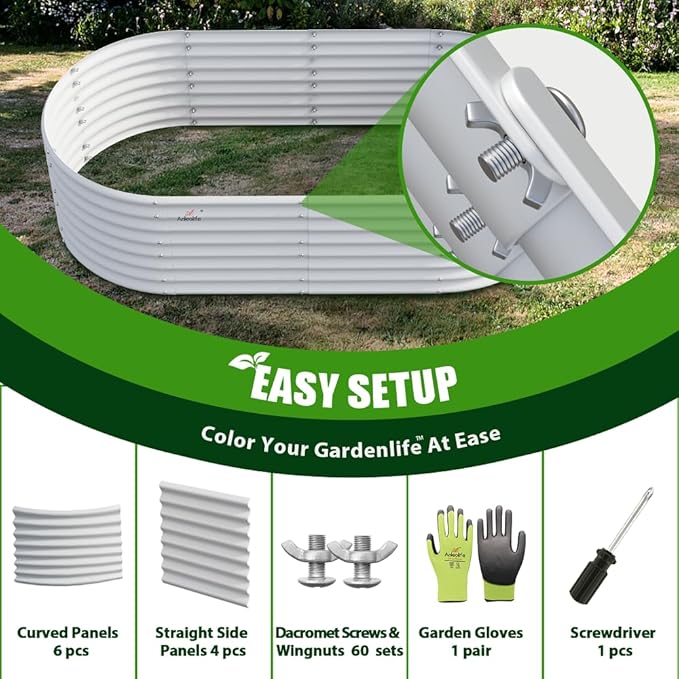 A ANLEOLIFE 12-Set 8X4X2 ft Galvanized Raised Garden Bed Kit, Oval Metal Deep Root Planters for Outdoor Plants, Antique White