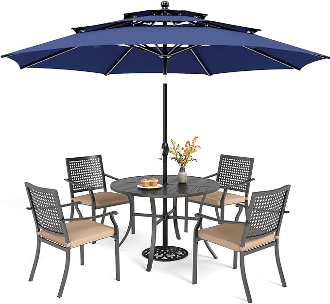 PHI VILLA 5 Pieces Outdoor Dining Set for 4 with Umbrella, 42" Large Round Metal Steel Table & Stackable Iron Chairs with Cushions & 10ft Blue Umbrella, Modern Furniture for Patio, Deck, Yard, Porch