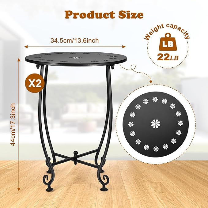 2 Pack 14 Inch Outdoor Side Tables for Patio, Weather Resistant Steel Patio Side Table, Small Round Outdoor End Table Metal Side Table for Patio Yard Balcony Garden Black (Petal)