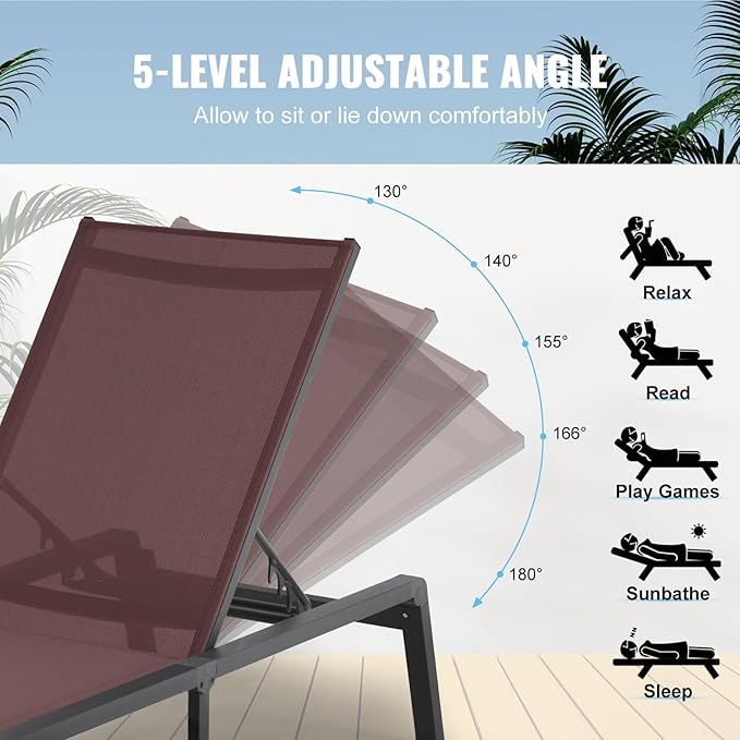 VEVOR Chaise Lounge Chair Outdoor, Aluminum Patio Lounge Chairs with Adjustable 5-Position, Folding Pool Chair Recliner and Full Flat Tanning Chairs for Patio, Beach, Pool, Brown