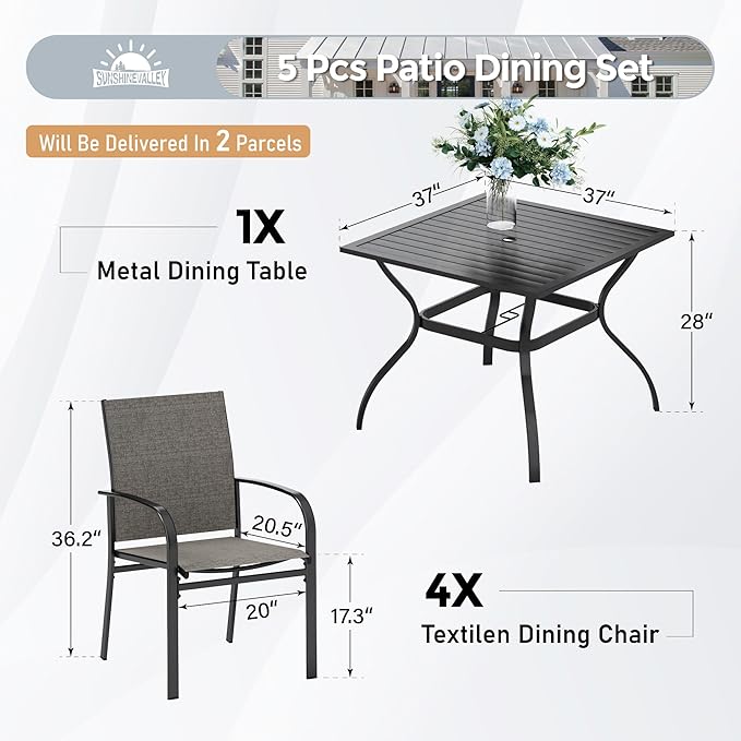 5 Piece Patio Dining Set for 4, 37”x37” Square Table with Umbrella Hole, 4 Metal Brown Chairs, Outdoor Table and Chairs Set for Lawn Backyard and Deck