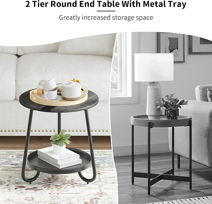 2 Tier Coffee Table in Living Room, Industrial Style Round Coffee Table with Metal Tray, Wood Small Outdoor Coffee Table for Bedroom Balcony Patio, Gray