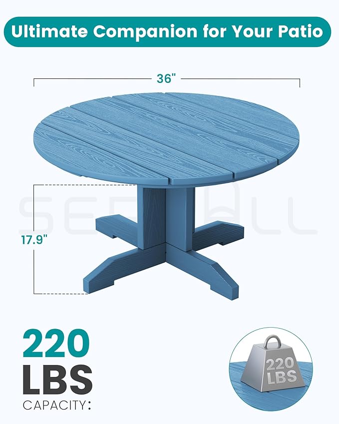 SERWALL Outdoor Round Coffee Table Set, 5-Piece Outdoor Coffee Table and Adirondack Chair with Cup Holders Blue