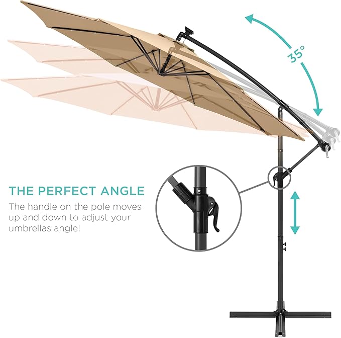 Best Choice Products 10ft Solar LED Offset Cantilever Hanging Market Patio Umbrella, 8 Sturdy Ribs, Easy Adjustment - Sand