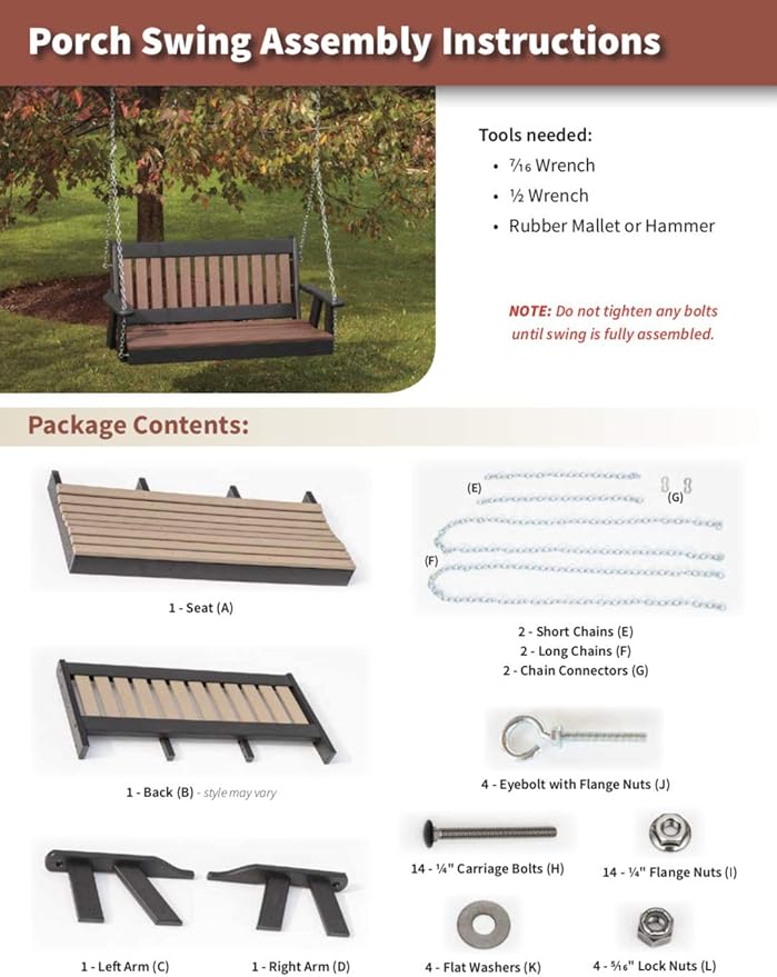 Poly Lumber Wood 4FT Porch Swing Amish Craftsmandship Made in USA HDPE with No wood fibers and 1000 lbs Limit. Stainless Steel Hardware.Signature Rollback design for Patio Outdoor Backyard Garden Park