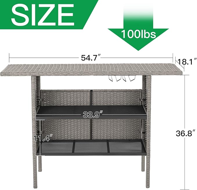 ECOTOUGE Wicker Bar Table, Outdoor Patio Console Table Serving Table, Mini Outdoor Bar Patio Counter with Steel Shelves & Hanging Wine Glasses, Ideal for Garden, Backyard(Grey)