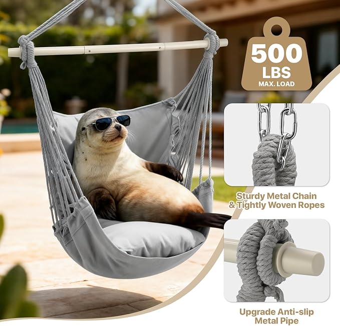 MoNiBloom Hammock Chair Hanging Rope Swing w/2 Cushions, Boho Macrame Hanging Chair Max 350 lbs Capacity w Pocket, Hardware Kit Included, Gray