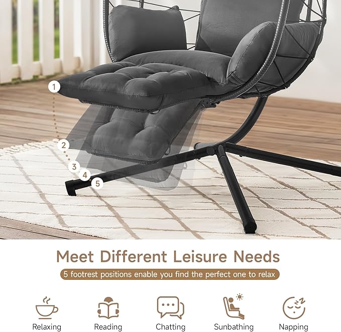 ONBRILL Hanging Egg Chair with Adjustable Footrest & Stand, Wicker Rattan Swing Hammock Chair with Cushion & Double Chains, 350LBS Capacity for Outdoor & Indoor Patio, Deck, Bedroom, Balcony (BL-GR)