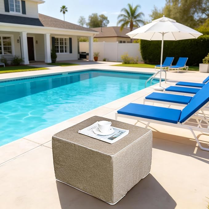 Outdoor Ottoman 20x20x14 Inches Outdoor Square Ottomans for Patio Modern Lightweight Foam Stuffed Pouf Outdoor Footstool Footrest (Coffee)