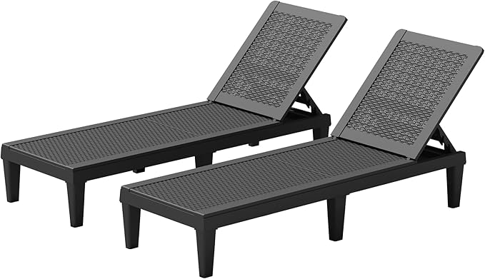 Greesum Outdoor Patio Chaise Chair with 5-Position (Set of 2) Adjustable Backrest, Waterproof Sun Lounger, Easy to Assemble, for Pool, Garden, Deep Black
