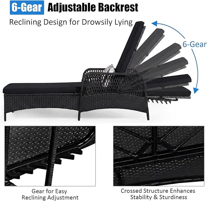 Tangkula Wicker Chaise Lounge Outdoor, Patio Rattan Reclining Chaise with 6-Gear Adjustable Backrest, Thick Padded Cushion & Removable Lumbar Pillow, Pool Lounge Chairs (1, Black + Black)