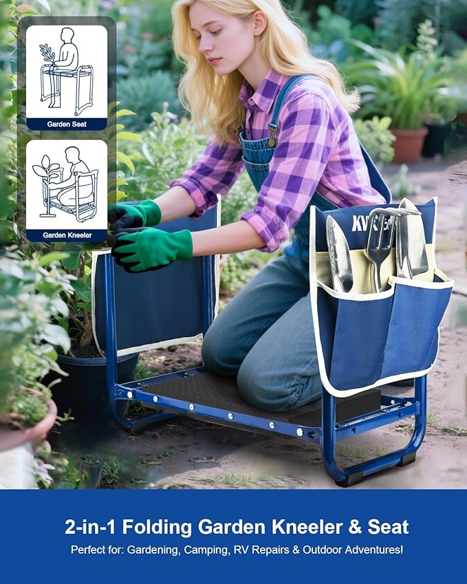 KVR Garden Kneeler and Seat Set 7-Piece Upgraded - Heavy Duty Foldable Bench & Stool with 3 Aluminum Tools, 2 Non-Slip Pouches & Tote Bag - Gardening Chair Gifts for Seniors, Women, Mom